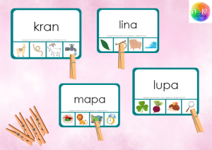 Klamerkowe pomoce - wyrazy 4 literowe - litery pisane