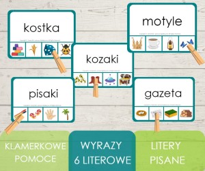Klamerkowe pomoce - wyrazy 6 literowe - litery pisane