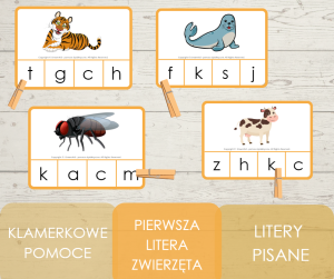 Klamerkowe pomoce - pierwsza litera - zwierzęta (litery pisane)