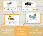 Klamerkowe pomoce - pierwsza litera - zwierzęta (litery drukowane)