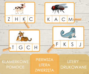 Klamerkowe pomoce - pierwsza litera - zwierzęta (litery drukowane)